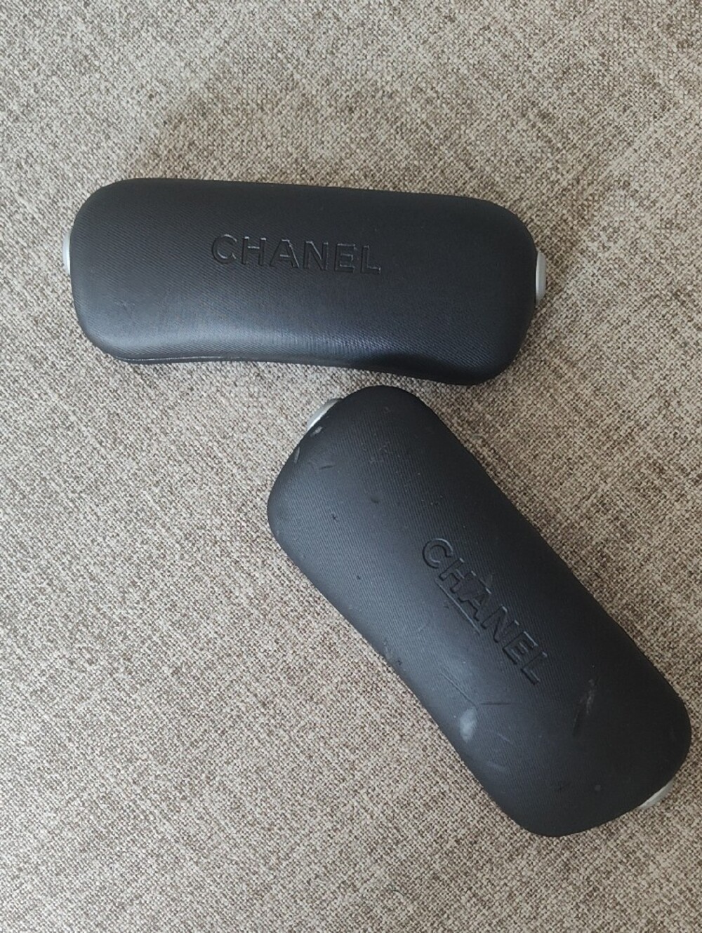 CHANEL Set Of Two Black Embossed Sunglass Cases Brand Logo On Ends And Interior